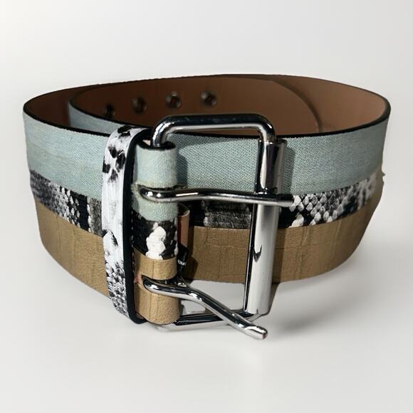 BCBGMAXAZRIA Women’s Wide Belt XS/S Snakeskin Colorblock Silver Buckle - Picture 1 of 9
